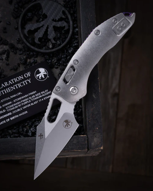 Microtech Stitch RAM-LOK STD MS Folder STNWSH-STNWSH Slab Side 6AL4V TI W/ Purple AUMT169RL10MS3