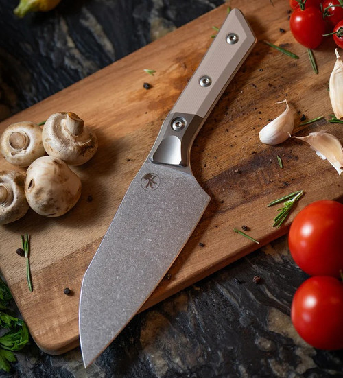 Microtech 6" Santoku Knife Stonewash M390MK/Coyote Tan G-10 with Titanium Bolsters