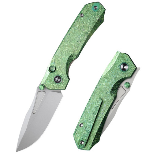 Remette Knives Rhino Button Linerlock Folding Knife Green Crystallized Titanium RNTB4