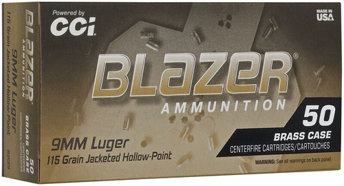 CCI Blazer Brass 9mm Luger Ammo JHP Blazer Brass HP 115gr 50rd Box