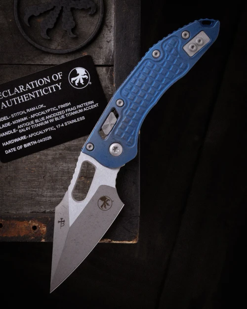 Microtech Stitch- RAM-LOK Folder Marfione Select Apocalyptic Antique Blue Anodized Frag TI W/Blue TI Accent Apocalyptic Finish Stainless