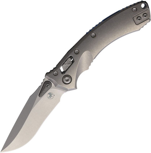 Microtech Amphibian Mini RAM-LOK Folder Marfione Select SW - SW Slab Side TI W/ Blue TI Accent Double Vapor Blast Stainless