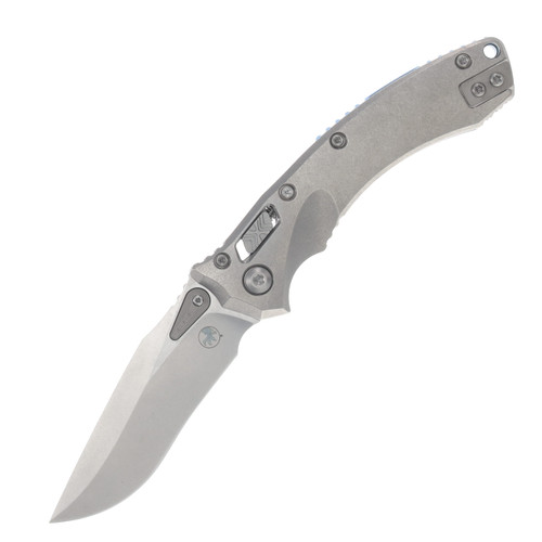 Microtech Amphibian Mini RAM-LOK Folder Marfione Select SW - SW Slab Side TI W/ Blue TI Accent Double Vapor Blast Stainless MT137MRL10MS2