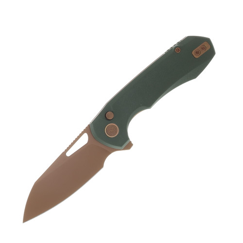 Remette Camel Button Linerlock Folding Knife Gold 14C28N/Green G-10 RTCMLD