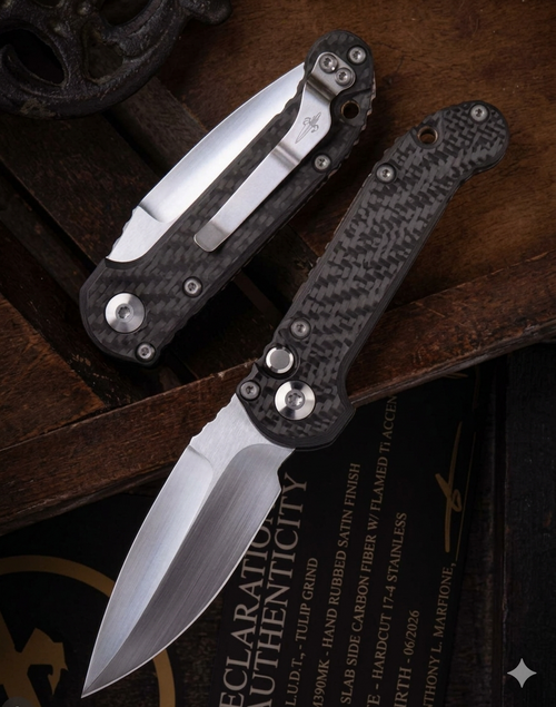 Microtech L.U.D.T. OTS Auto Tulip Grind Hand Rubbed Satin Finish Slab Side Carbon Fiber W/Flamed TI Accent Hardcut Stainless AUMT1135TUSASLCFFLMCK