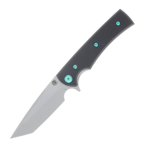 Chaves Blue Label Liberation Street Linerlock Folding Knife Stonewash Tanto/Knurled Black with Green Accents CK-2B2-2B9A-2D1-GR