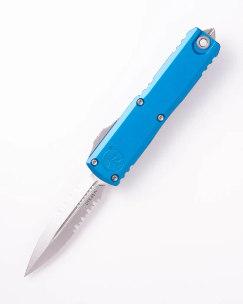Microtech UTX-85 GEN IV OTF Auto D/E Stonewash Part Serrate Blue