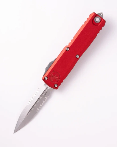 Microtech UTX-85 GEN IV OTF Auto D/E Stonewash Part Serrate Red AUMT1232411RD