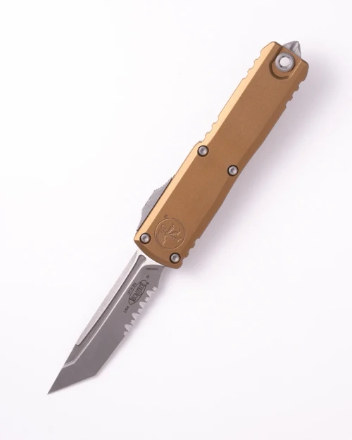 Microtech UTX-85 GEN IV OTF Auto T/E Stonewash Part Serrate Tan AUMT1233411TA