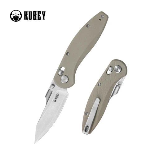 Kubey Minor Crossbar Lock Folding Knife Tan G10 Satin San Mai M2