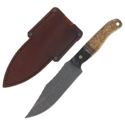 Half Face Blades Crow Scout Fixed Blade Ebony, Black G-10, Brass, Coyote and Desert Tan G-10 Pin Striping, Black Ash Burl, Mosaic Pins, Brass Lanyard Pin HFCROWSCTEBBKCYDT