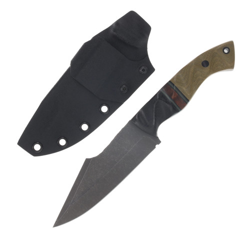 Half Face Blades Widow Maker Fixed Blade Textured Grip Black Burlap Micarta, Black G-10, Forest Green G-10 and Coyote G-10 Pin Striping, Hawaiian Curly Koa, OD Green Canvas Micarta, CF Pins HFWIDMAKBBMBKFGCY