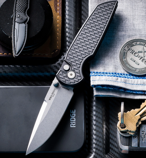 ProTech Integrity Button Lock Folding Knife Stonewash Magnacut/Textured Black Aluminum INT1105