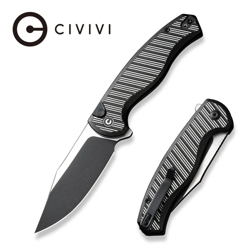 CIVIVI Stormhowl Button Lock Folding Knife Black Stonewash/Striped Black Aluminum C23040B-1