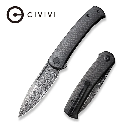 CIVIVI Caetus Linerlock Folding Knife Black Hand Rubbed Damascus/Twill Carbon Fiber