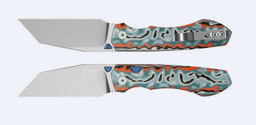 Kizer Wharning Button Lock Folding Knife Stonewash N690/Multi Colored Vortex Pattern Micarta V3738BW4