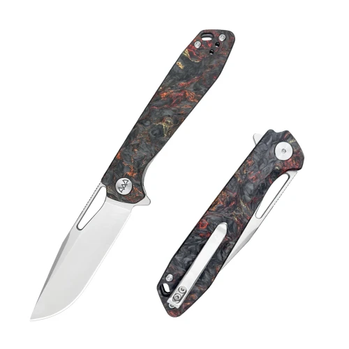 Wixco Ragnar Folding Knife 14C28N Satin Blade Red Shredded Carbon Fiber Handle