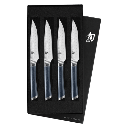 Shun Shiranami 4pc Steak Knife Set Damascus/Blue Jute Micarta