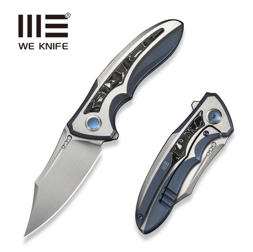 We Knife Varg Framelock Folding Knife Hand Rubbed Satin Magnacut/Blue & Satin Titanium with Aluminum Foil Carbon Fiber Inlay WE25074-4