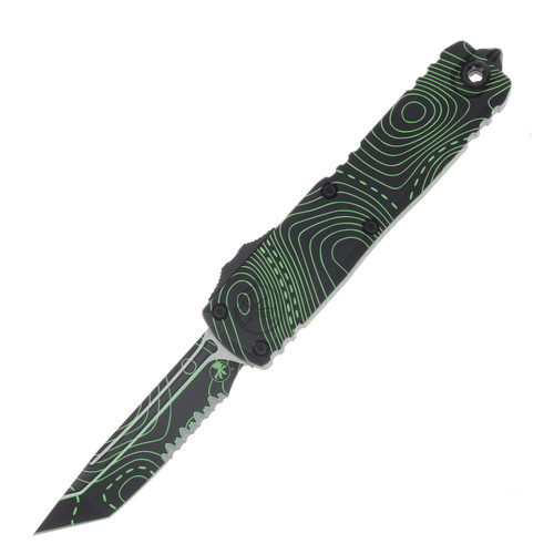 Microtech UTX-85 Gen IV Signature Series OTF Automatic Partially Serrated Topographic Black and Parakeet Green Camo T/E AUMT123342TPBKPGCS