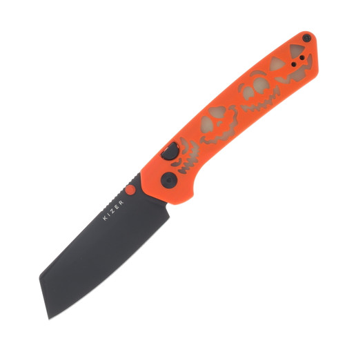 Kizer SMKW Exclusive Halloween Madrac Folder Orange G-10 W/Glow-in-the-Dark CNC Pumpkin Pattern Inlay - Black TI Coated 14C28N