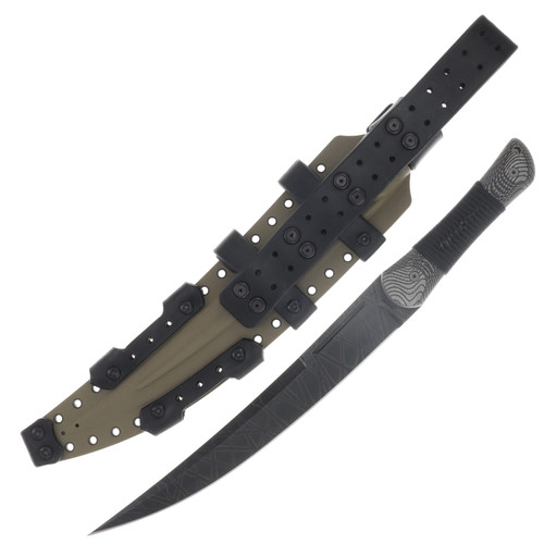 Miller Bros M-34 Short Sword Criss Cross Pattern Etch Tan/Black Handle Black Paracord Tan/Black Sheath M-34CRSTNBKSNBKHBKP