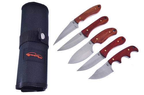 Frost Ocoee River 5 Pc Skinner Knife Set Rosewood Handles W/Nylon Knife Roll FROC01RW