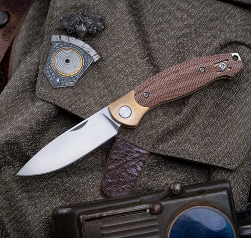 GiantMouse ACE Farley Slip Joint Folding Knife Stonewash Elmax/Brass Bolstered Natural Canvas Micarta FARLEY-BRASS-NATURAL-MICARTA