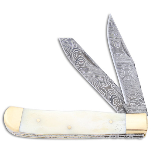 Rite Edge Damascus Trapper Folding Knife Natural Smooth Bone 1