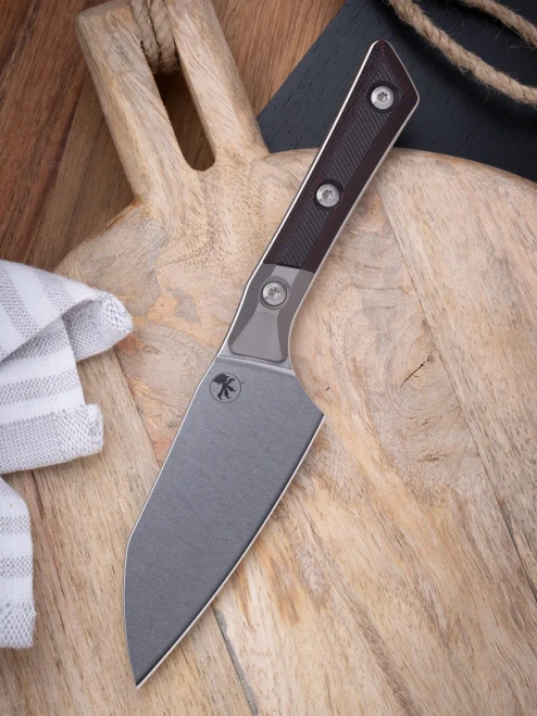 Microtech 4.2in Santoku Knife Stonewash Standard Titanium Bolster Black Cherry G-10 MT3300B10BC