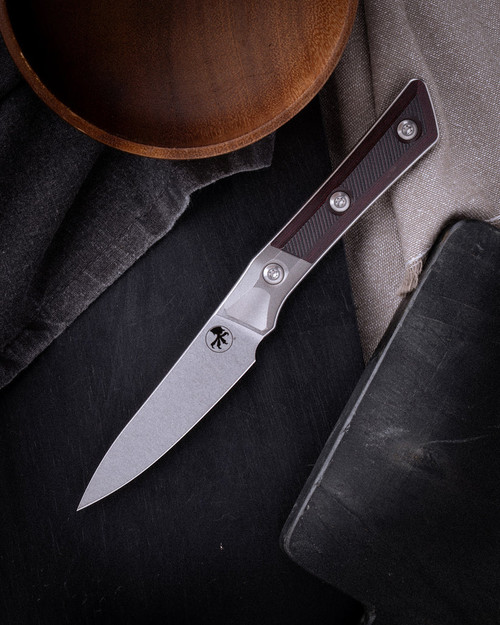 Microtech 3.5in Paring Knife Stonewash Standard Titanium Bolster Black Cherry G-10 MT3500B10BC