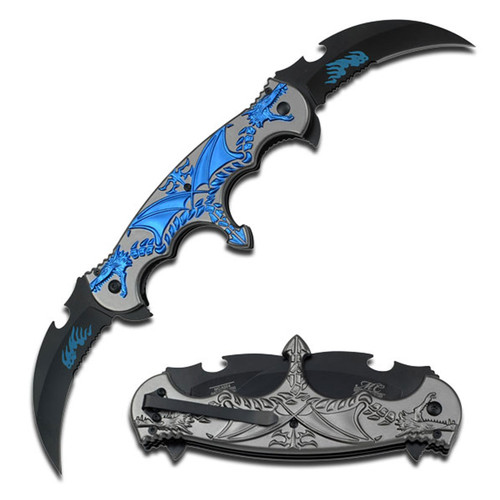 Masters Collection Spring Assisted Knife Blue Double Dragon Black Hawkbill