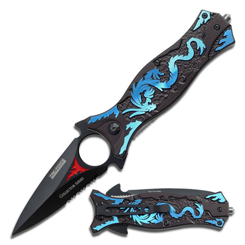 Tac Force Spring Assisted Folding Knife Blue Dragon 3.5in PS Black Spear Point