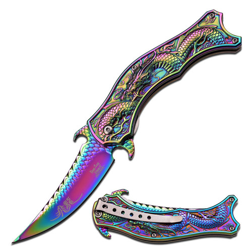 Dark Side Blades Assisted Knife Rainbow Dragon 3.5in Upswept Blade