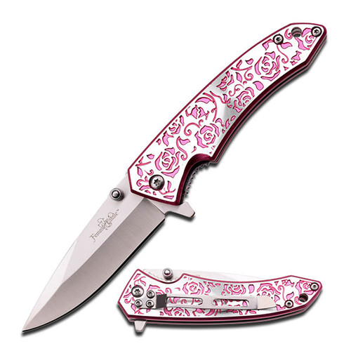 Femme Fatale Spring Assisted Folding Knife Roses Are Pink MCFFA003PK