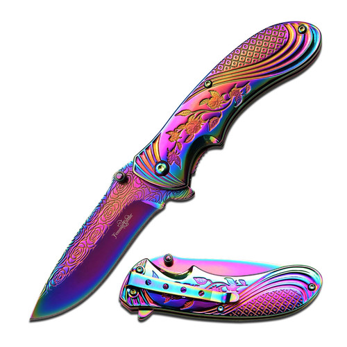 Femme Fatale Spring Assisted Folding Knife Rainbow Rose 3in Drop Point MCFFA008RB
