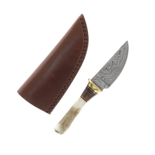 Rite Edge Fixed Blade Skinner Damascus/Stag with Leather Sheath DM1188