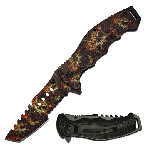 Master Cutlery Spring-Assisted Knife Flaming Skull 3.75in PS Tanto