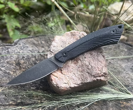 Gahagan Customs Wood Duck Bird and Trout Knife Tumbled - Feathered G10 Black GCWDBKTUMB