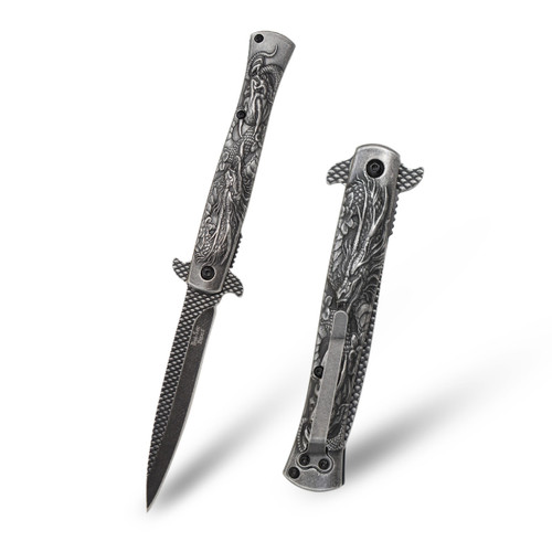 Dark Side Blades Assisted Knife Stonewash Dragon Scale 3.5in Spear Point