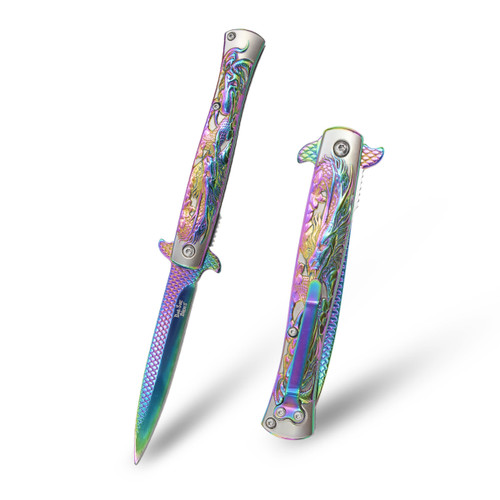 Dark Side Blades Assisted Knife Rainbow Dragon Scale 3.5in Spear Point