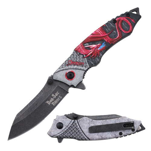 Dark Side Blades Assisted Knife Red Dragon 3.25in Reverse Tanto