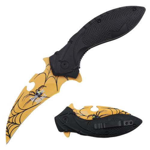 Dark Side Blades Skull Assisted Knife Gold Electroplated 3.75 in Hawkbill