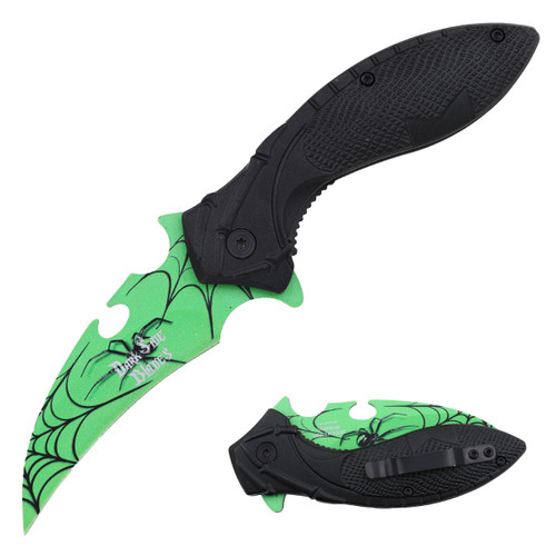 Dark Side Blades Skull Assisted Knife Green Electroplated 3.75 in Hawkbill
