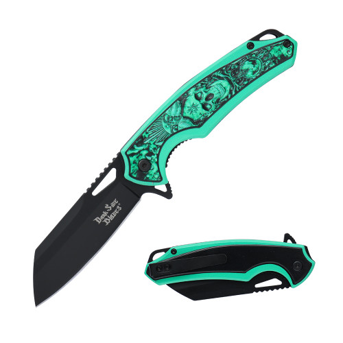Dark Side Blades Assisted Knife Green Skull 3.25in Black Wharncliffe