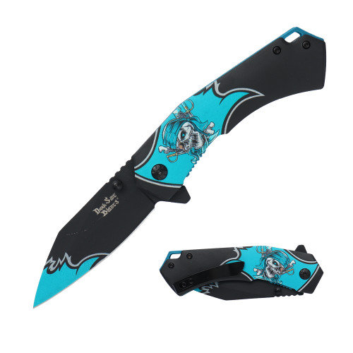 Dark Side Blades Blue Pirate Skull Assisted Knife 3.22 in Drop Point DS-A2004B