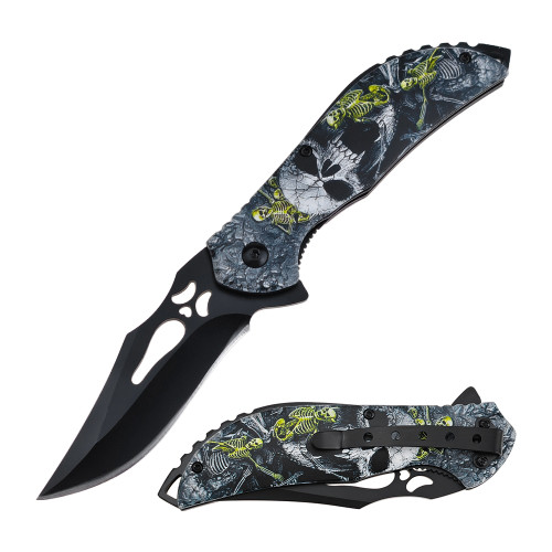 Dark Side Blades Screaming Skull Yellow Assisted Knife 3.36 in Drop Point