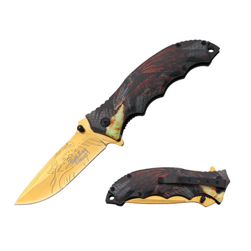 Dark Side Blades Assisted Knife Dragon Green 3.4in Gold Spear Point