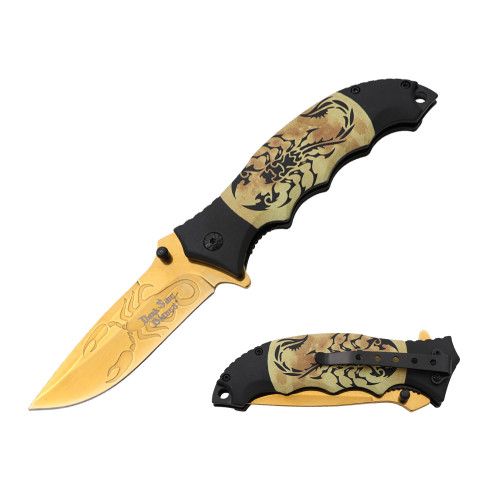 Dark Side Blades Assisted Knife Scorpion 3.4in Gold Spear Point