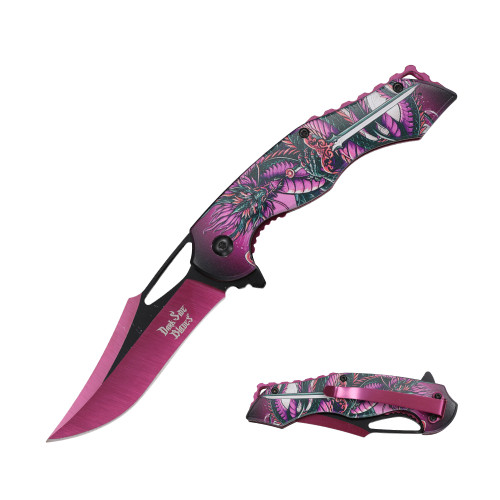 Dark Side Blades Assisted Knife Pink Dragon Sword 3.38in Clip Point